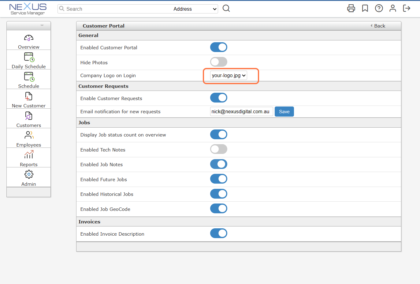 To begin, you must enable the Customer Portal and upload your Company Logo to display at the login page.