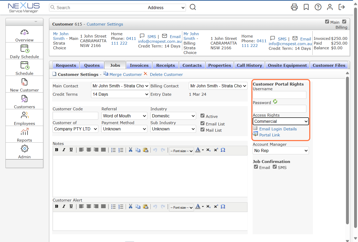 Customer Portal Rights are found on the right-hand side.