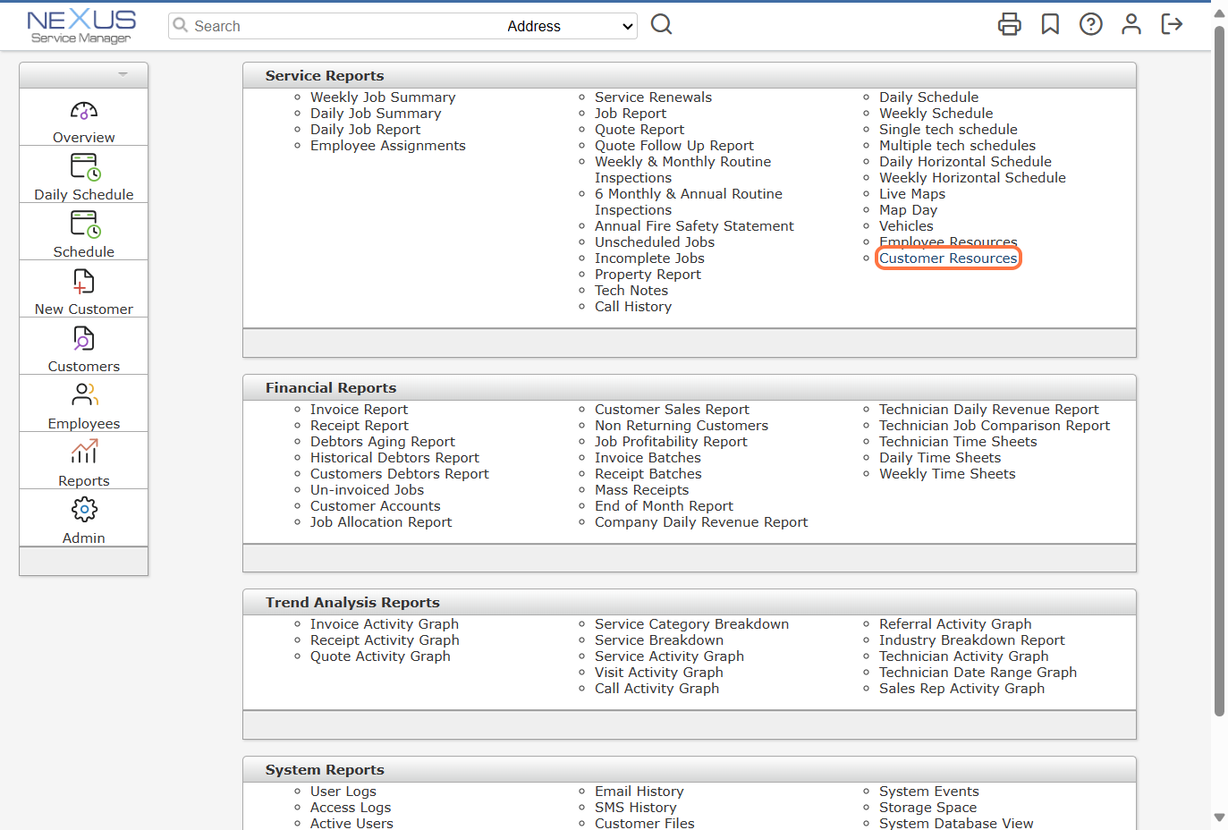 Click on Customer Resources beneath Service Reports.