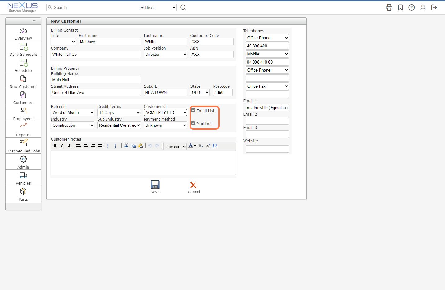 Nexus Service Manager Help Documentation - How to add a New Customer