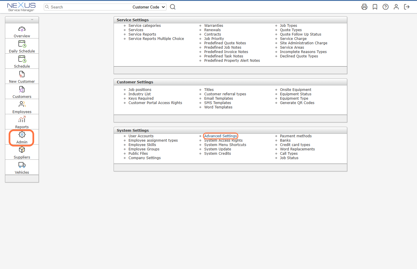 To begin we will make sure that all of the Customer Portal Settings are correct. From the overview page, click on Admin from the main menu on the left-hand side.