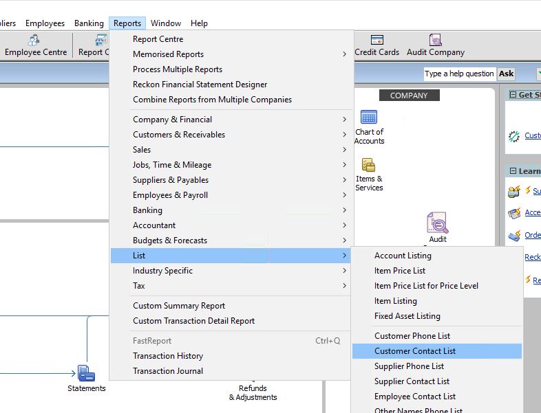 Customer Contact List menu